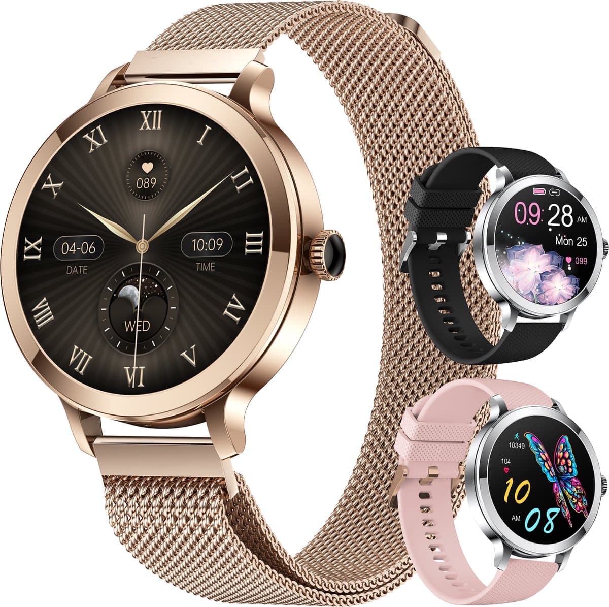 Golden Sound AMOLED Smartwatch Dames - 3 extra bandjes - Horloge dames - Geschikt voor elke laptop en smartphone - Stappenteller - Slaapmonitor - Saturatiemeter - 42mm — afbeelding 1