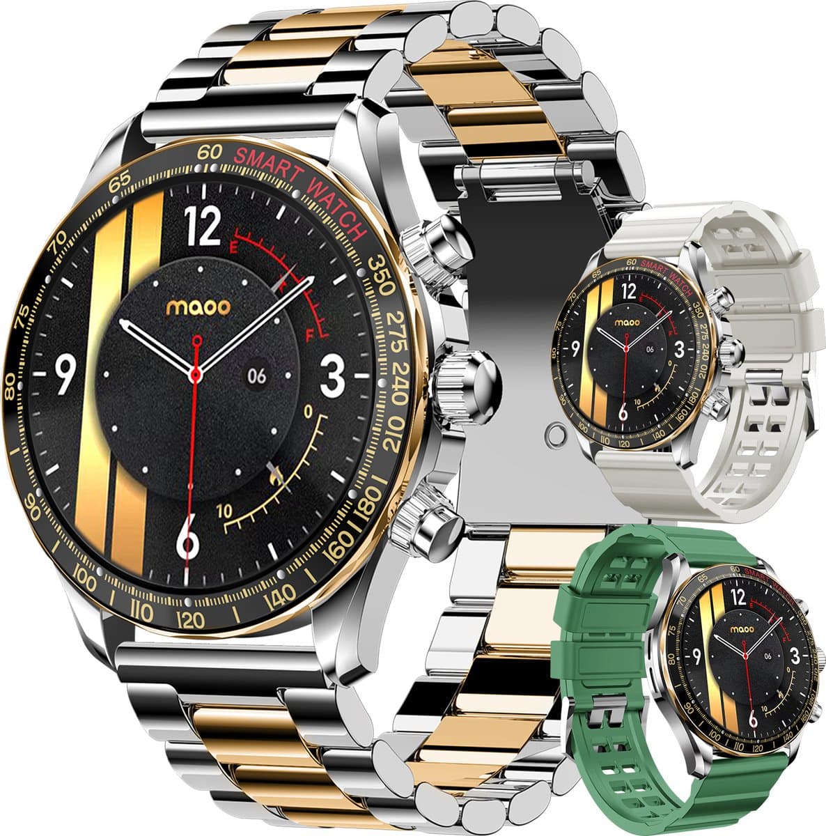 Maoo Titan AMOLED Smartwatch Heren - Special Edition - Stainless Steel en 2 TPU bandjes - Stappenteller - Hartslagmeter - Slaapmonitor - Multisport - Geschikt voor Android en iOS - Zilver en Goud — afbeelding 1