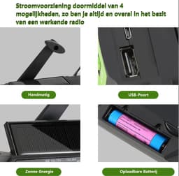 Dutchers® Noodradio - Opwindbare Survival Radio - Dynamo / Solar / Zonnepaneel - Opwindbaar - Zaklamp - FM - AM - Leeslamp / Draagbare noodradio - SOS alarm - USB-C kabel - Noodpakket - Kleur Groen — thumbnail 3