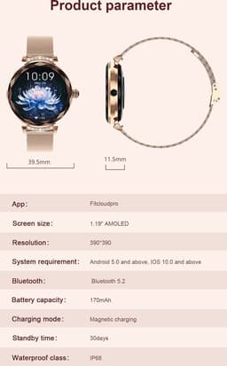 WizBay Premium Select® 1.19inch Smartwatch Dames Heren 1.19inch AMOLED - Android iOS - 14 Zirkonia in Band - Bellen - Magnetic Laden - O2 en Bloeddrukmeter - Sport Modi - Message - Slaap meter - Smartwatches - Zilveren Band - 1 Extra Roze TPU Band — thumbnail 5