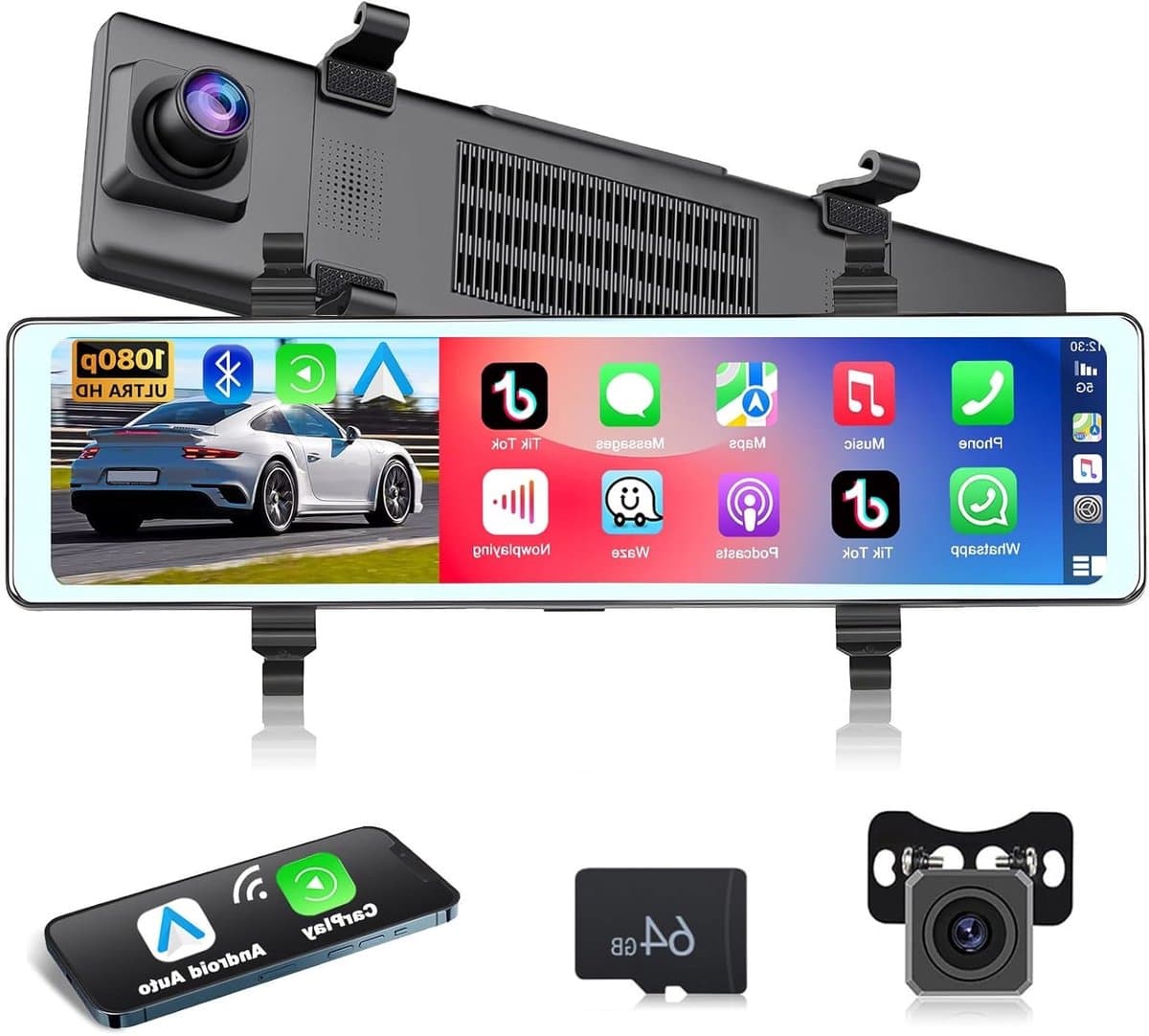Autospiegel – Achteruitkijkspiegel – Dashcam – Spiegelcamera – Smart Mirror – 11,26 Inch IPS-Touchscreen – Dual 1080p HD Camera — afbeelding 1