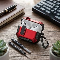 Rood robuust hoesje voor oordopjes met carbon look geschikt voor AirPods Pro 3 inclusief schoonmaakset en karabijnhaak – schokbestendig en duurzaam — thumbnail 3
