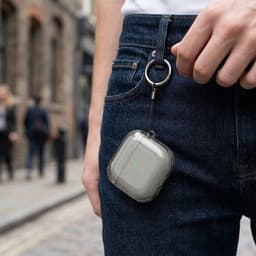 Grijs transparant hoesje voor oordopjes met sleutelring – schokbestendige beschermhoes geschikt voor AirPods 4 — thumbnail 3