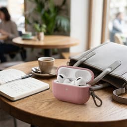 Luxe geribd hoesje voor oordopjes – Vertical Stripe design met sleutelhaak, geschikt voor AirPods Pro 3 (Roze) — thumbnail 3