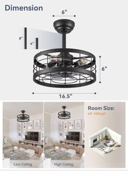 Industriële Plafondventilator met Verlichting in Zwarte Kooi - Stijlvolle Ventilator met Afstandsbediening — thumbnail 3