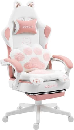 Dowinx Gamingstoel – Ergonomisch – Stoff – Roze – Kattenpoot-design – Met voetsteun – Verstelbaar – PC/Gamer stoel voor volwassenen — thumbnail 1