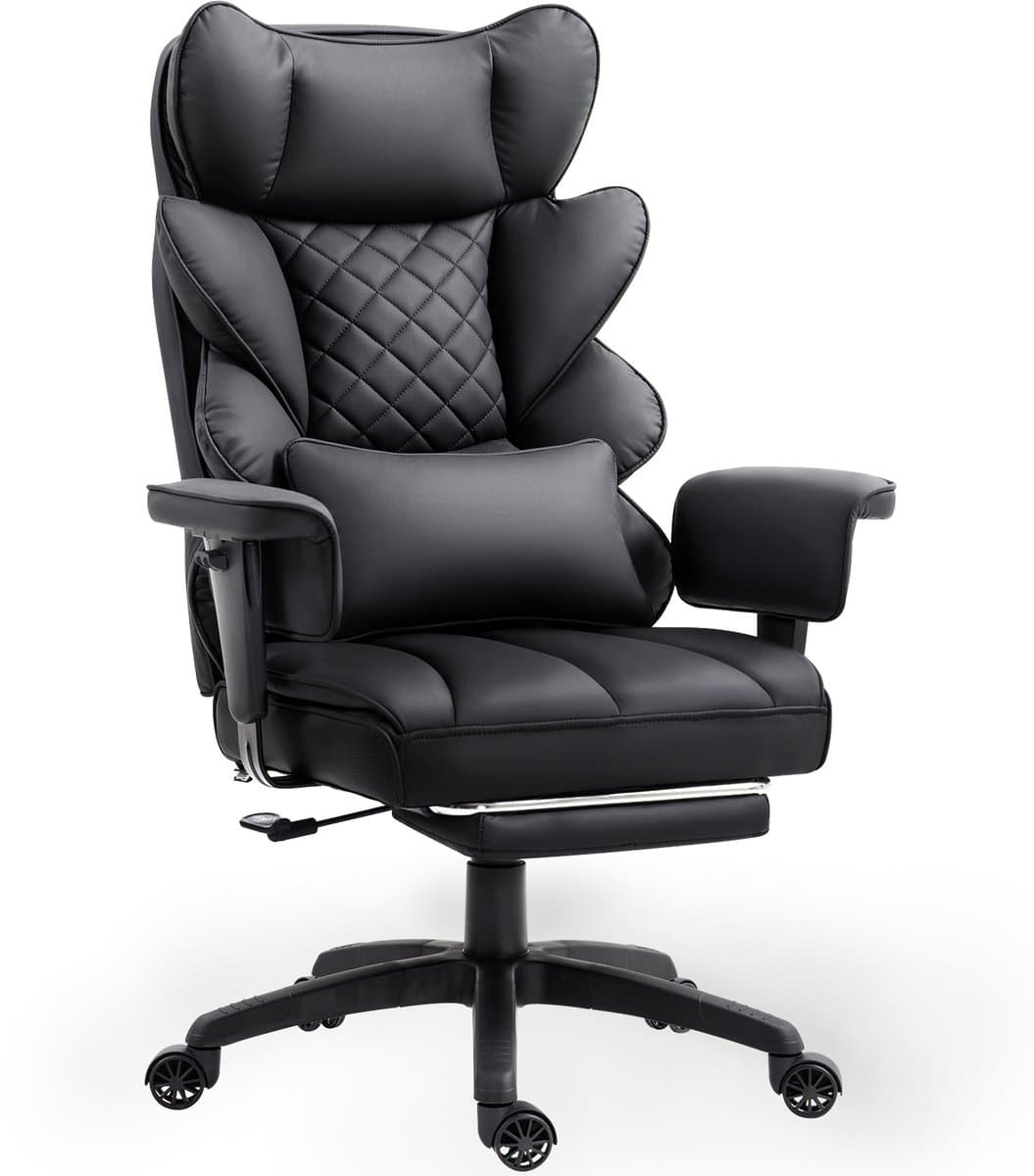 Dowinx Ergonomische Bureaustoel / Gamingstoel – Pocketveren Zitkussen – Dubbel gevoerde Rugleuning & Verstelbaar Lendenkussen – Met Armleuningen en Voetensteun – PU-leer – Zwart — afbeelding 1