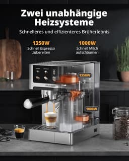 Espressomachine 20 bar met dubbele boiler - cappuccino & latte - 1350 W/1000 W - 15 seconden extractie - roestvrijstaal - uitneembare watertank 1,8 L — thumbnail 3