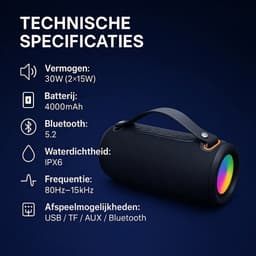 SyncGear Bluetooth Speaker 30W – Draagbare Draadloze Speaker met RGB Lichtshow - Muziekbox - Tot 20 uur - Geluidsbox - Zwart — thumbnail 4