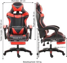 GOTAGEE Gamingstoel Bureaustoel Ergonomische Gamestoel Met Lendensteun un voetpedalen Hoogte en Ligfunctie Zwart-Rood — thumbnail 4