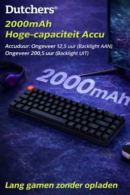 Dutchers.® Gaming Keyboard 60% - Mechanisch Toetsenbord - Draadloos & Bedraad - 60 Procent - 2,4 GHz/Type-C/BT5.0 - Usb/Bluetooth - QWERTY - Compact – Bluetooth / 2.4G / USB-C – 2000mAh Accu – Zwart — thumbnail 2