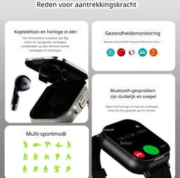 DrPhone DualX Duo2 - Smartwatch met Ingebouwde Oordoppen - Bluetooth 5, NFC, Gezondheidsmonitoring & Automatisch Opladen - Wit — thumbnail 5