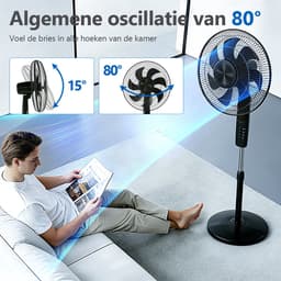 Staande ventilator 60W - Statiefventilator met 6 Snelheden - Vloerventilator met met Afstandsbediening - Ventilator in Hoogte Verstelbaar 110 tot 125 cm - Timer - Kantelbaar en Oscillerend - 53dB - Zwart — thumbnail 4
