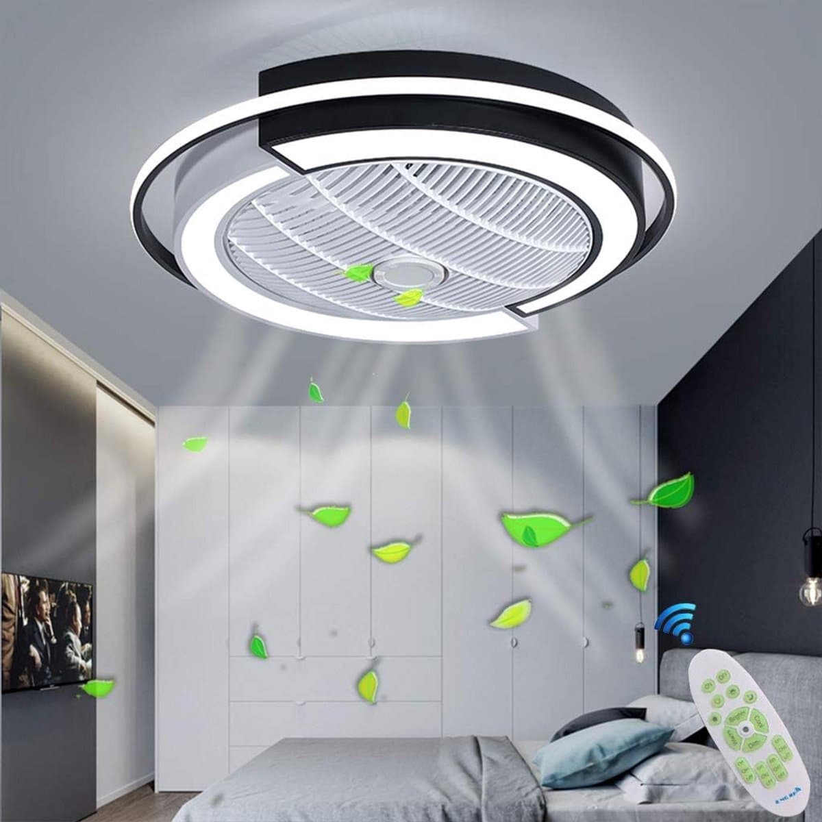 LED plafondventilator met dimbare verlichting, afstandsbediening, geruisloos, verstelbare windsnelheid, 58 cm, zwart-wit — afbeelding 1