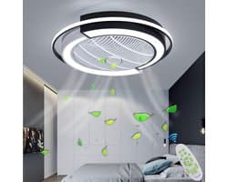 LED plafondventilator met dimbare verlichting, afstandsbediening, geruisloos, verstelbare windsnelheid, 58 cm, zwart-wit