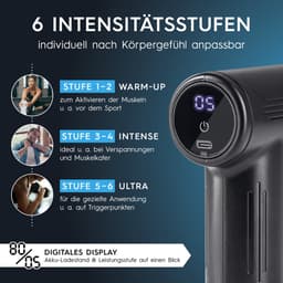 VITALmaxx massagepistool met 6 standen | Massagetoestel met 4 opzetstukken | Werkt op batterijen tot 90 minuten en oplaadbaar via USB-C | Bijzonder licht en handzaam voor onderweg en tijdens het sporten [zwart/zilver] — thumbnail 3
