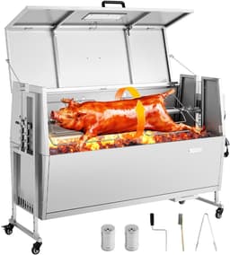 VEVOR Rotisserie Grill 38W Speenvarken Grill Lam Grill Houtskool Grill (132 cm Grilllengte) met 60 Kg Draagvermogen & Wielen & 4-Voudige Hoogteverstelling & Deksel, Roestvrijstalen Elektrische Grillset Voor Kamperen — thumbnail 1