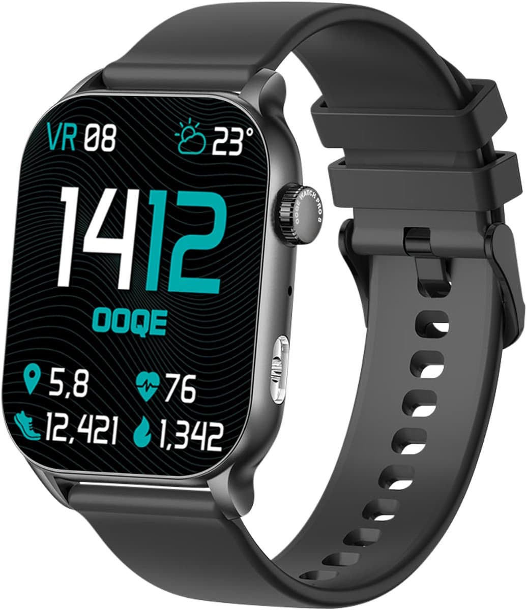 OOQE WATCH PRO 8 - Smartwatch Heren en Dames | Geschikt voor iOS en Android | AMOLED | Notificaties | Gezondheidsanalyse | Sportanalyse | GPS Koppeling | Bellen | Muziek/Audio Luisteren | Ergonomisch | Nederlandstalig | Zwart — afbeelding 1
