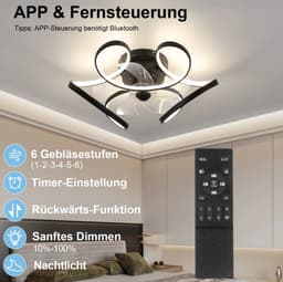 Plafond Ventilator Lamp - 50 CM - Smart Lamp - 6 Standen - Dimbaar - Zwart - Kroonluchter Ventilator - Chandelier Fan - Woonkamer Lamp - Ventilator Lampen - Eetkamer lamp - Slaapkamer lamp — thumbnail 2