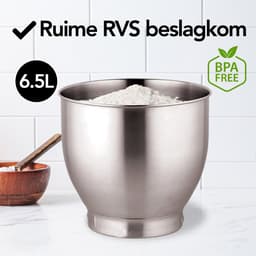 Keukenmachine - Keukenmixer - 6,5L RVS Mengkom - Keukenrobot - Foodprocessor - Met Accessoires - 1600W - Zwart - Aviro — thumbnail 2