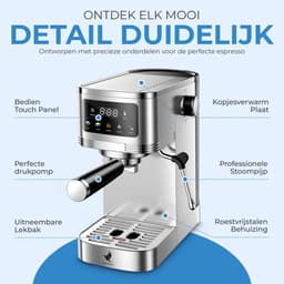 NovaWare® Espressomachine – 20 Bar - Pistonmachine met stoompijpje - Kopjesverwarmer - Coffee Machine - RVS — thumbnail 2