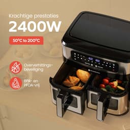 KitchenBrothers Dubbele Airfryer - PFAS-Vrij - 2400W - Dual Zone - 9L - Heteluchtfriteuse - Airfryer XXL - 2 x 4.5L - 10 Kookprogramma's - RVS/Zwart — thumbnail 3