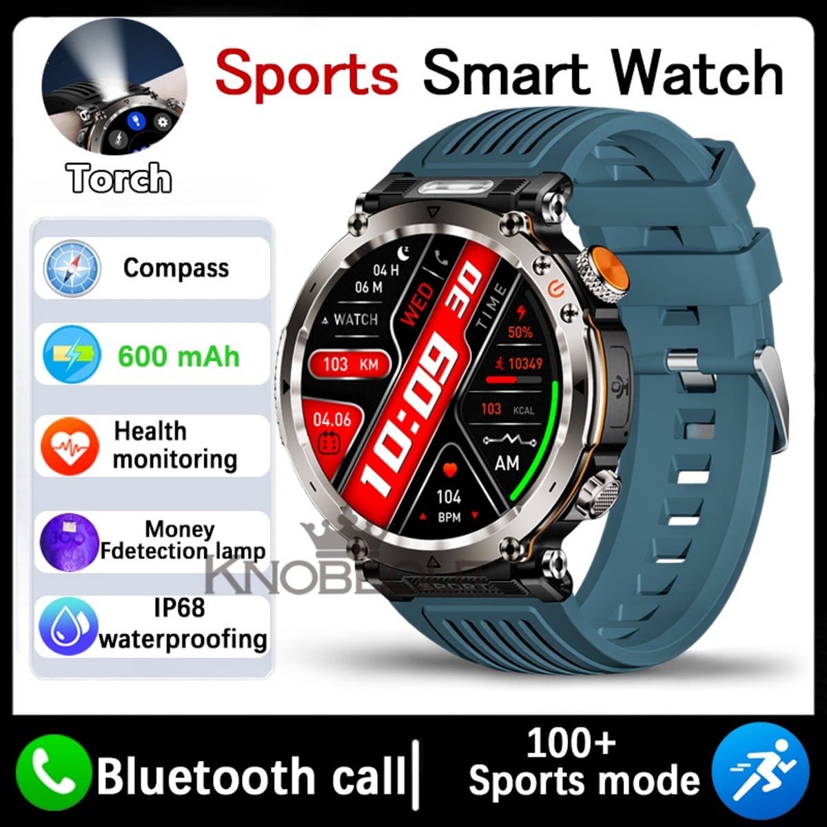 Knobbout 1.7" Scherm Outdoor Smartwatch – Digitale Kompas - LED & UV Licht -600mAh batterij - Bluetooth Bellen- IP68 Waterdicht -AI Spraakassistent - Gezondheid & Sportfuncties -Blauw Siliconen Band — afbeelding 1