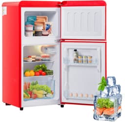 Retro koelkast. Vriescombinatie. 88,8 cm hoog, 45,5 cm breed, tweedeurs, met een totaal volume van 60 liter, een vriescapaciteit van 22 liter. 102 kWh/jaar, -27 °C ∽ 13 °C, ledverlichting. Premium rood, energieklasse E. — thumbnail 1