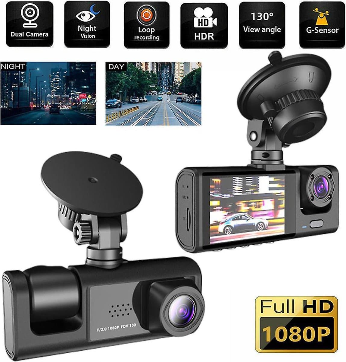 Q-time Dashcam 3 in 1 - Voor en Achter Camera - Bewegingsdetectie en Parkeerstand - G-Sensor - Full HD - 170° Groothoeklens - Loop Recording — afbeelding 1
