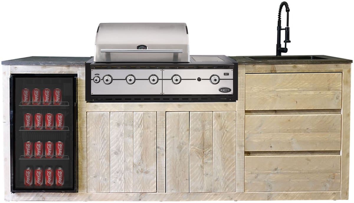 Outside Meubelen | Buitenkeuken - Palu | Boretti Ligorio Top BBQ | Koelkast 80L | Zwarte keukenkraan & spoelbak | Natuursteen blad | Steigerhout | Tuinmeubelen — afbeelding 1