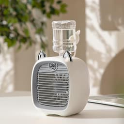 Nachtlampje - USB - in - Luchtbevochtiger en LED Lamp - 3 - 1 Mini Bureauventilator - Luchtkoeler met Verneveling en Nachtlampje - oplaadbare Tafelventilator met 3 Snelheden - Grijs — thumbnail 5