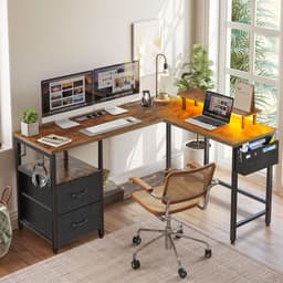 Gaming Bureau met LED Verlichting - 120x120x75cm - L-Vormig Game Bureau met Stopcontact - 2 Non Woven Lade - Gaming Desk - Computer Tafel - Gaming Tafel - Bureau voor Gamen, Studeren en Werken - Vintage Bruin — thumbnail 3
