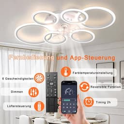 6 Ringen Plafondventilator - Dimbaar Met Afstandsbediening & APP - Wit - 6 Snelheden - Smart lamp - Moderne Ventilator — thumbnail 2