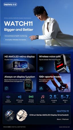 Remax WATCH11 - SmartWatch - Chitrun AMOLED Display - Zwart — thumbnail 2