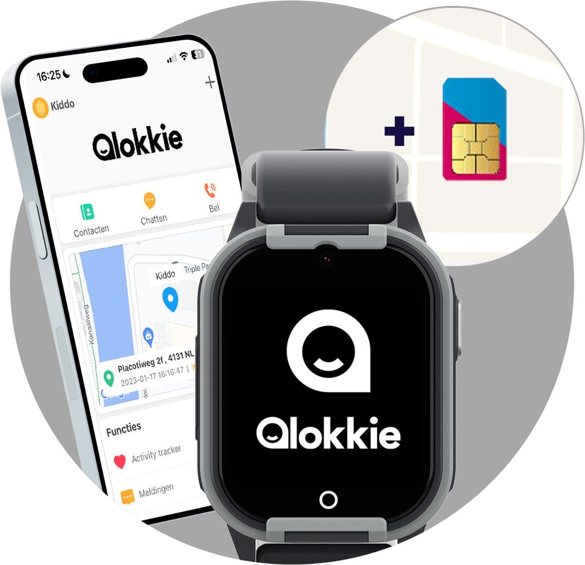 Qlokkie Kiddo Lite - GPS horloge kind - Smartwatch kinderen - GPS tracker kind met nauwkeurige locatiebepaling - GPS horloge kind met simkaart - Stel veilige zones in - SOS functie - Zwart — afbeelding 1
