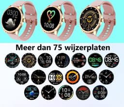 Belesy® BQSiRgPk Pro - Smartwatch Dames – Smartwatch Heren - Horloge - 1.28 inch - Kleurenscherm - Stappenteller - Bloeddruk - Hartslag - 75+ Wijzerplaten – Sporten – Goud – Siliconen – Roze – 2 extra polsbanden - Cadeau - Kerstcadeau — thumbnail 3