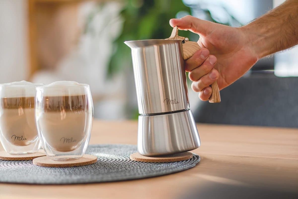 Espressomachine (2 Cup No Inductie) | 2, 4, 6, 9 kopjes | RVS mokkakan, espressokan, espresso maker set incl. onderzetter, lepel (handvat: houtlook, 2 kopjes (100 ml) — afbeelding 1