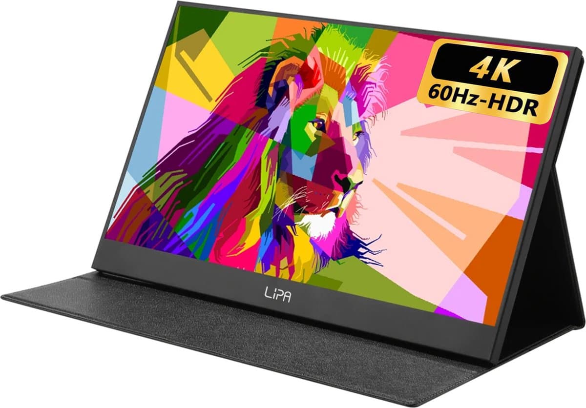 Lipa AX-60 portable monitor 4K Ultra HD 15.6 inch - Draagbare monitor - Beeldscherm - Computerscherm - Draagbaar scherm - HDMI - 2x USB C & 1x Micro usb - Speakers - Freesync - Hoes en kickstand - Ook voor consoles- Energiezuinig - 3840 x 2160 UHD — afbeelding 1