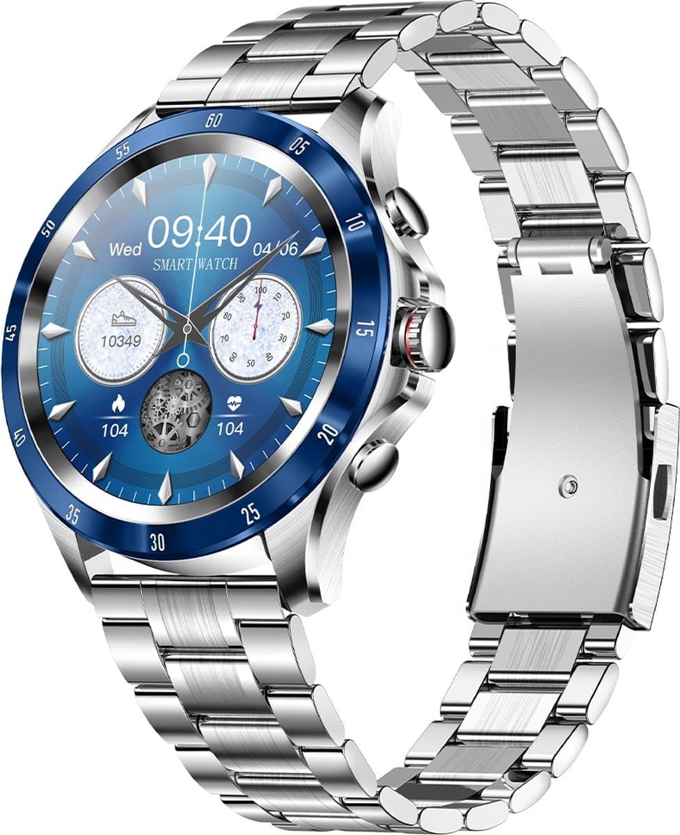 Darenci Platinum Pro Smartwatch Heren – Zilver/Blauw – RVS Band – Bluetooth Bellen & Muziek – Hartslag-, Bloeddruk- & Zuurstofmeter – IP67 Waterdicht – Luxe Activity Tracker — afbeelding 1
