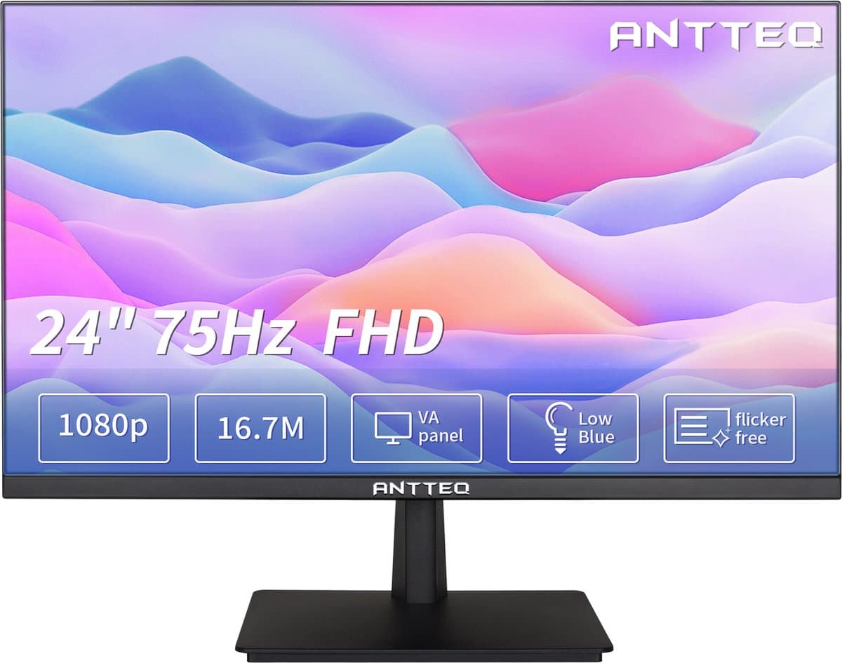 AntteQ 24S2 – 24 Inch Full HD Monitor – 75Hz – VA Paneel – Ultra Slim Bezel – Blauw Licht Filter – HDMI/VGA – VESA 75x75 – Zwart — afbeelding 1