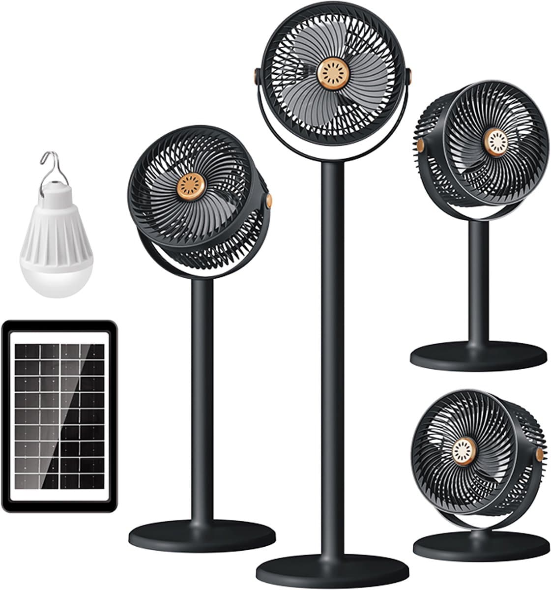 Intrekbare staande circulatieventilator op zonne-energie, USB voeding, krachtige luchtstroom, 3-in-1 multifunctioneel, voor thuisgebruik en buiten kamperen — afbeelding 1