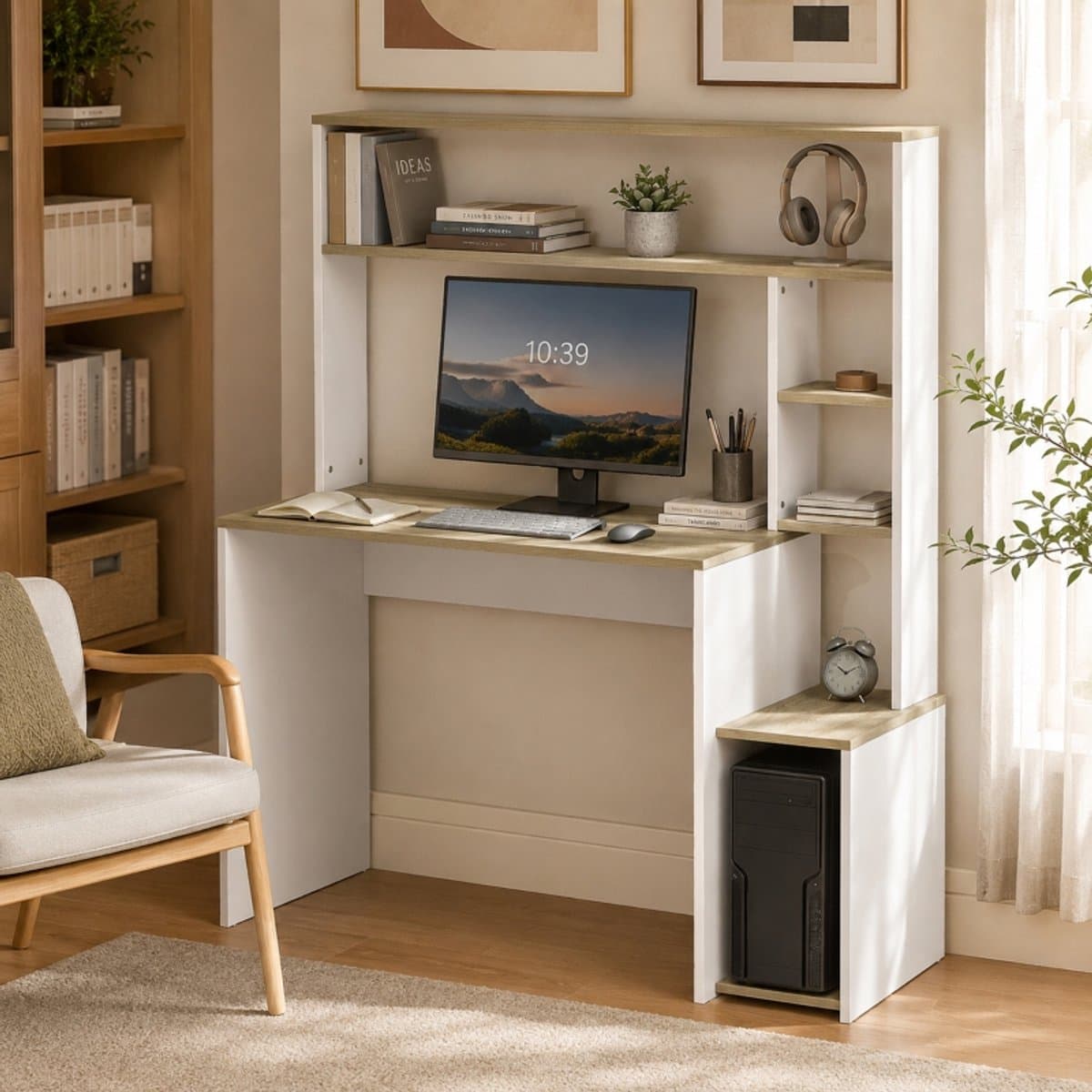 Computerbureau, 114 x 45 x 138 cm, bureau met opbergruimte, open planken en pc-houder, wit en naturel hout — afbeelding 1