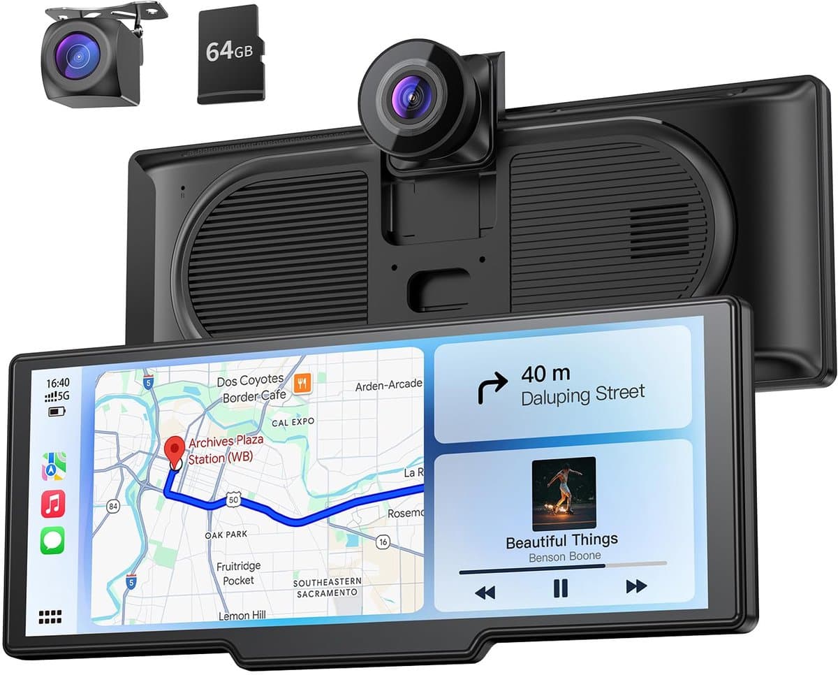 9,26 inch draadloos draagbaar Car Play display met 4K voor- en HD-achteruitrij-dual dashcam voor Apple CarPlay & - ShopVlot — afbeelding 1