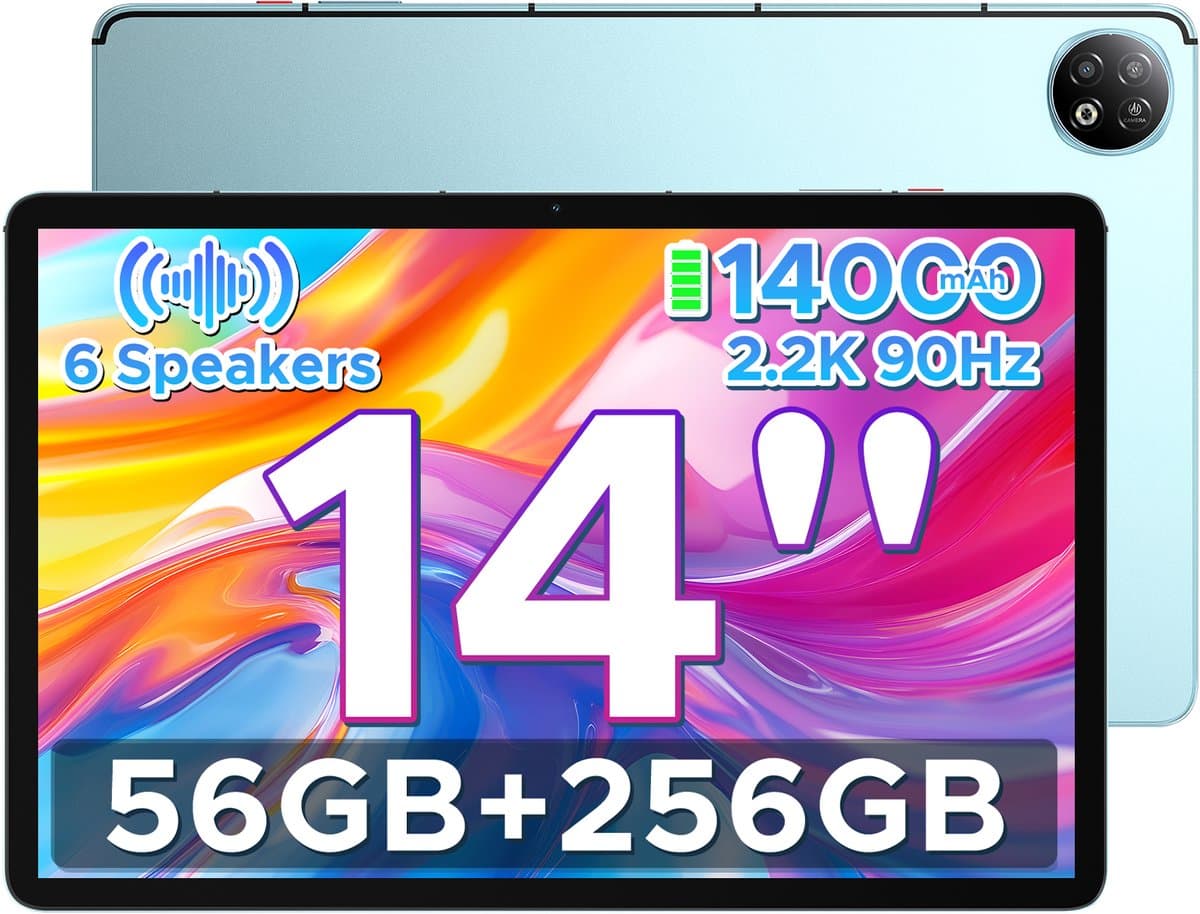 DOOGEE U14 - Tablet - 56 GB RAM (6+50 GB) + 256 ROM (2TB/TF) - GAMINI AI - 14 inch 2.2K+90 Hz - 14000 mAh/33W - 6 Speakers - RK3576S AI - 16 MP+8 MP - Android 16 - WiFi 6 - OTG - Blauw — afbeelding 1