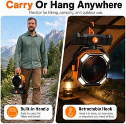 Draagbare campingventilator met een waterreservoir van 300 ml, oplaadbare batterij, ledverlichting, haak, timer en afstandsbediening. Geschikt voor gebruik binnen, op de camping, buitenshuis en op kantoor. — thumbnail 5