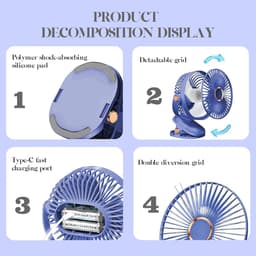 USB-bureauventilator, clipventilator, 5 windsnelheden, 360° draaibaar, draagbare mini-USB-bureauventilator met oplaadbare batterij, geschikt voor thuis, slaapkamer, buitenkamperen, blauw. — thumbnail 5