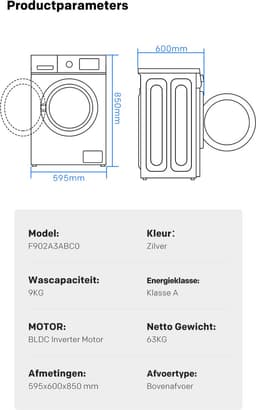coocaa Galaxy A3-serie voorlader wasmachine, 9 kg, BLDC-motor, A-30%-klasse, bacterieverwijderingssysteem, stoomwas, snelwas 15 min, kinderslot, 15 programma’s, einde vertragen, babyverzorging [Energieklasse A] F902A3AВC0 — thumbnail 5