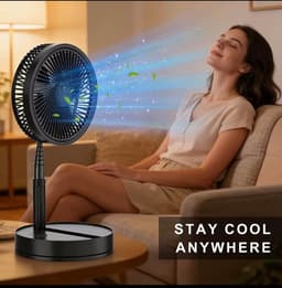Inklapbare Ventilator Zwart - Telescopische Bureau en Vloerventilator - 8000mAh Oplaadbare Accu - Stille Ventilator met 4 Snelheden - Draagbare Fan voor Thuis Kantoor en Reizen — thumbnail 2