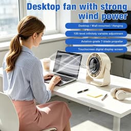 Bureauventilator, krachtige tafelventilator met touchscreenbediening en led-display, 100 snelheden, draagbare elektrische koelventilator, 2400 mAh USB-oplaadbare batterij, 360° kantelbaar, stil en stil voor kantoor, slaapkamer en thuis (beige) — thumbnail 2