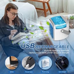 Draagbare luchtkoeler, 7 kleuren mini-airconditioner met 3 luchtsnelheden en USB-oplaadpoort, 300 ml 3-in-1 luchtkoeler, draadloze persoonlijke luchtkoeler met handvat voor kamer, kantoor en reizen - wit — thumbnail 2
